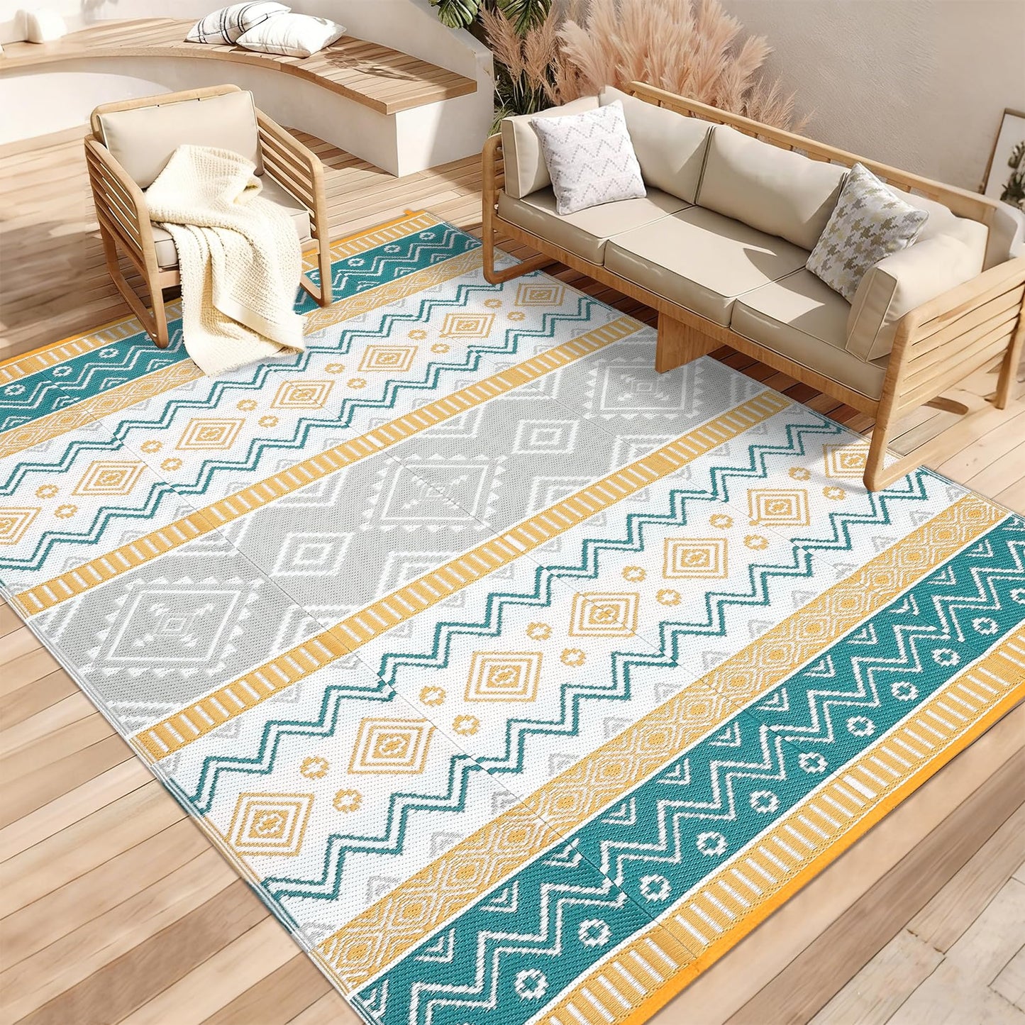 GarveeHome Large Modern Geometric Indoor Outdoor Area Rug 10x14 Black/White, Lightweight Portability Rug for Backyard, Patio, Porch, Easy-Cleaning, Pet-Friendly, Non-Shedding Yellow/Green/Gray/White