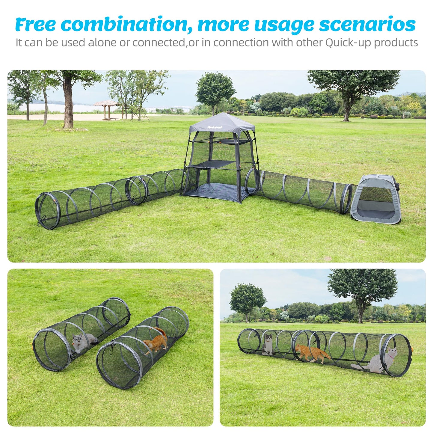 Catio Outdoor Cat Enclosure Combo for Indoor and Outdoor,3 Tier Cage Inside,Outdoor Catio,Portable and Foldable(Includes one cat Tower Tent,one Tunnel and one cage) + cat Tunnel(2 Packs)