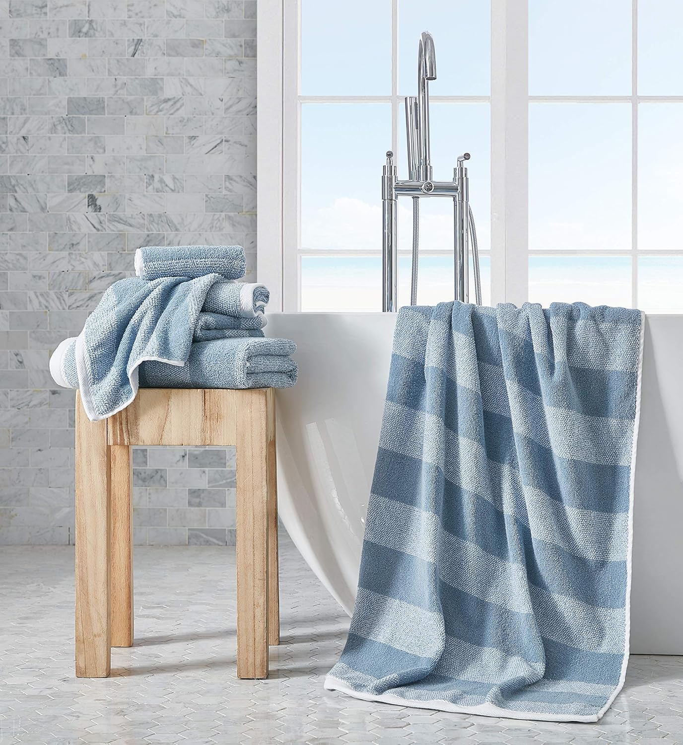 Nautica Bath Towel Set - Plush Cotton, Quick-Dry & Absorbent | Striped Americana Decor, Set of 6 in Oak Lake Blue
