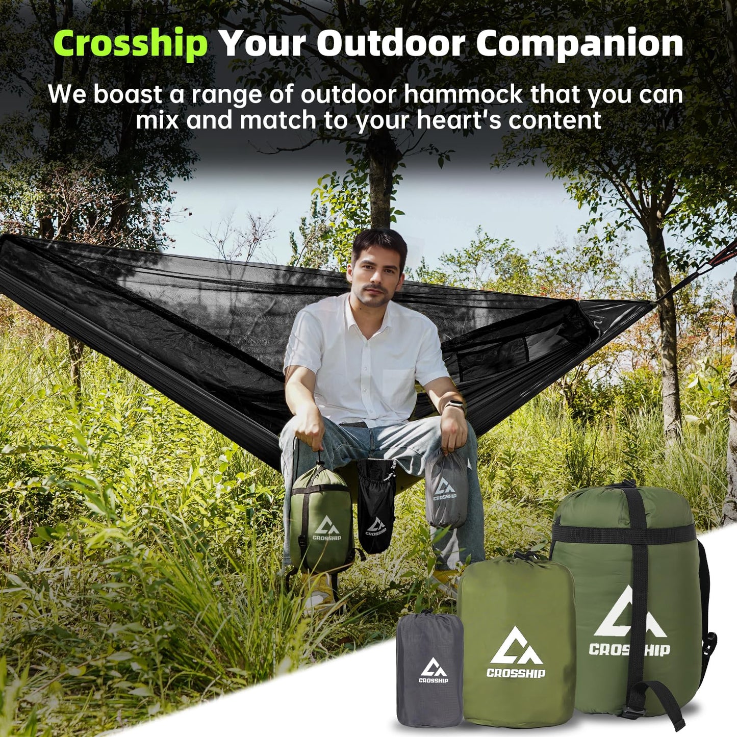Black Camping Hammock with Mosquito Net & Hitch Mount Stand - Complete Bundle