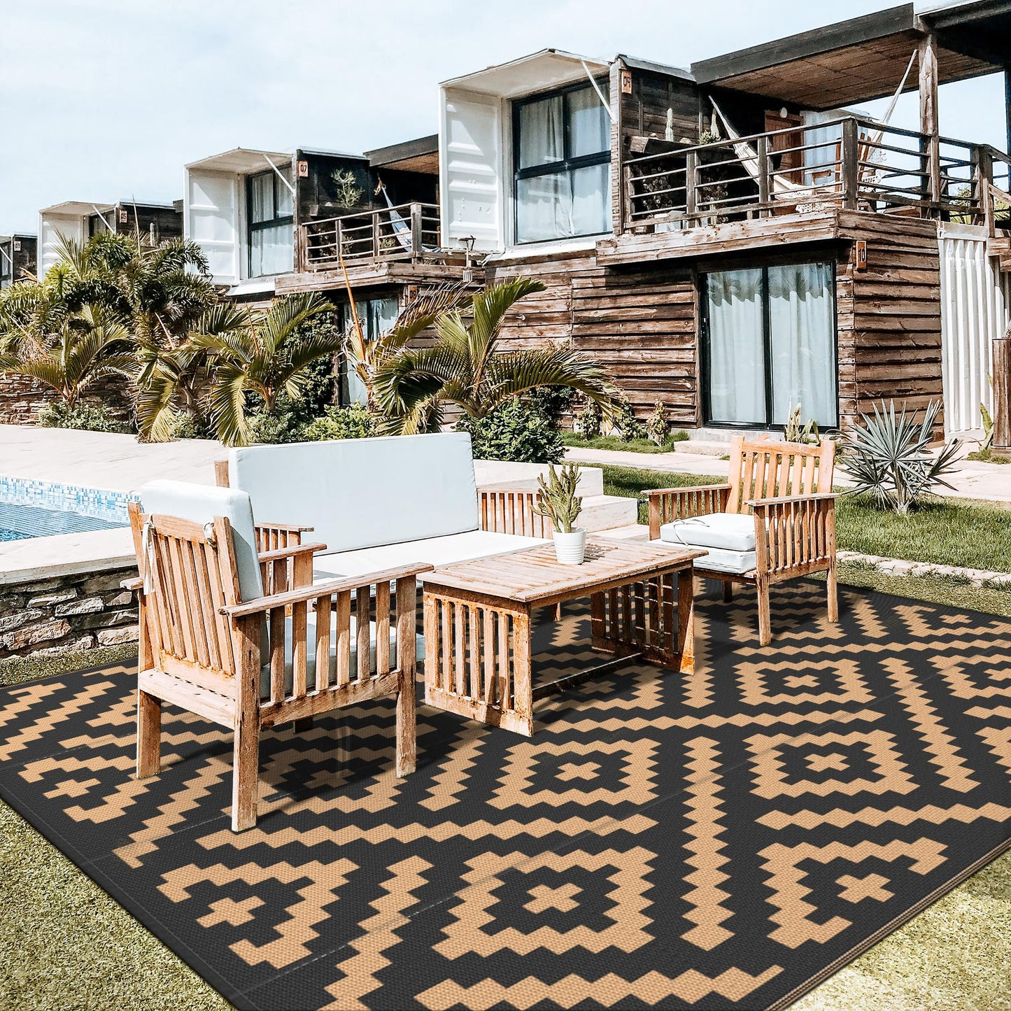 GENIMO Outdoor Rug Waterproof, 10' x 10' Reversible Plastic Straw Rugs, Lightweight Large RV Camping Mat for Patio, Deck, Camper, Balcony, Backyard, Picnic, Black & Brown