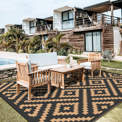 GENIMO Outdoor Rug Waterproof, 10' x 10' Reversible Plastic Straw Rugs, Lightweight Large RV Camping Mat for Patio, Deck, Camper, Balcony, Backyard, Picnic, Black & Brown