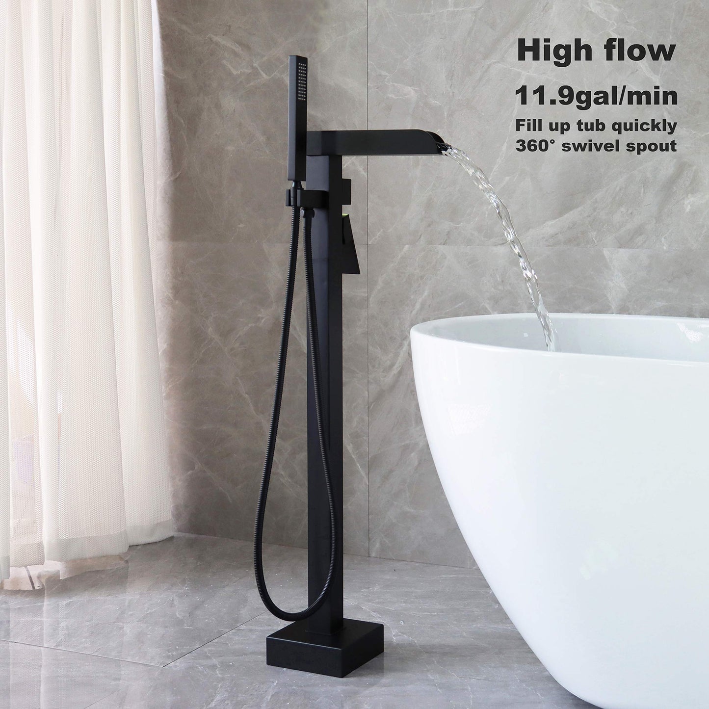 High Flow Freestanding Bathtub Faucet Waterfall LLGG Tub Filler Black 11.9GAL Floor Mount Bathroom Faucets with Handheld Shower Sprayer RIGOBAL
