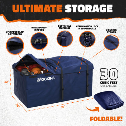Mockins 60"x30"x6" Navy Trailer Hitch Cargo Carrier & 30 Cu Ft Waterproof Cargo Hitch Carrier Bag | 500 Lbs Cap Steel Folding Luggage Rack for SUV Truck Van & RV w/License Plate Bracket & Accessories
