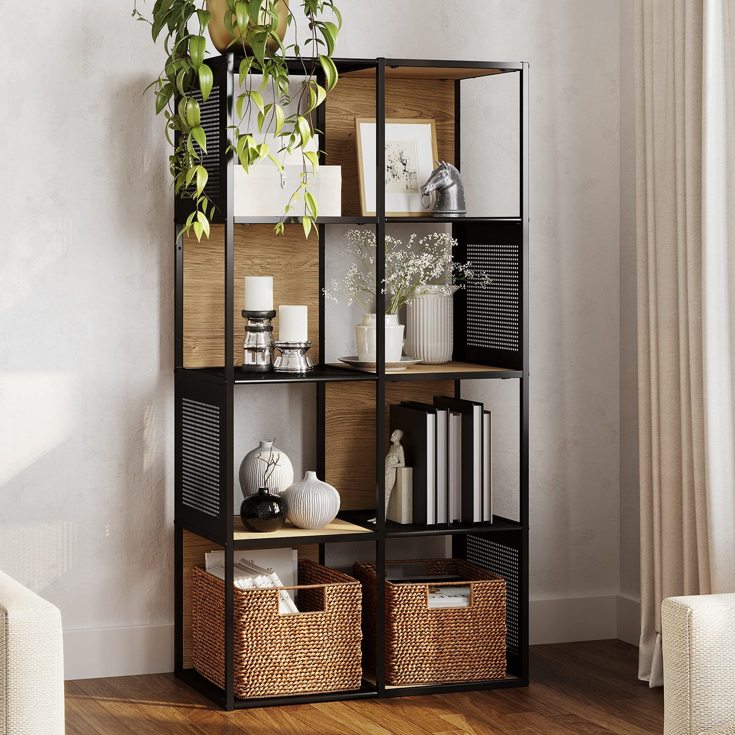 Lavish Home Cube Storage Organizer - Industrial-Style Wood and Metal Shelving Unit - Freestanding Bookshelf for The Home or Office (Oak and Black)