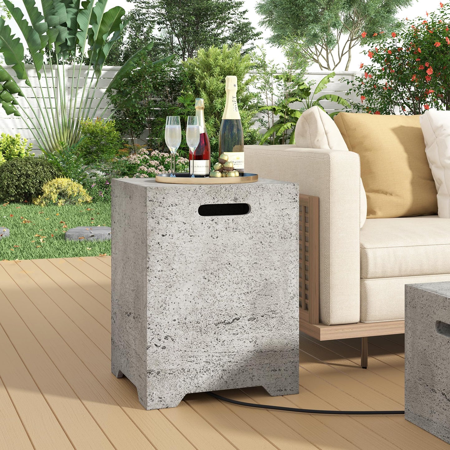 Merax Outdoor 15.75''MGO Propane Tank Cover Table, Propane Tank Holder with Handles on Both Sides & Groove Hole at The Bottom,Fire Side Table for Gas Fire Pits,No Assembly Needed, Light Gray