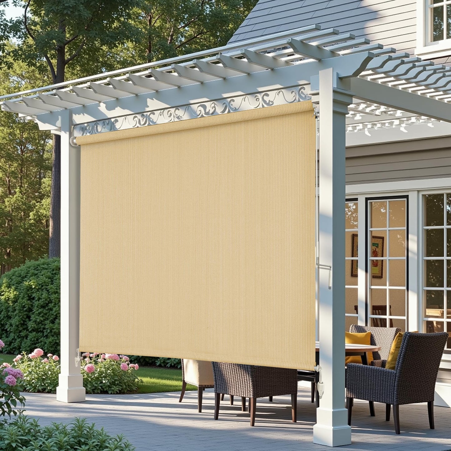 AOSKY Outdoor Roller Shades, Cordless Patio Shades Roll Up Outdoor Blinds, Roller Blinds Cloth for Porch Pergola Balcony Backyard Windows, 96" W x 96" H, Wheat