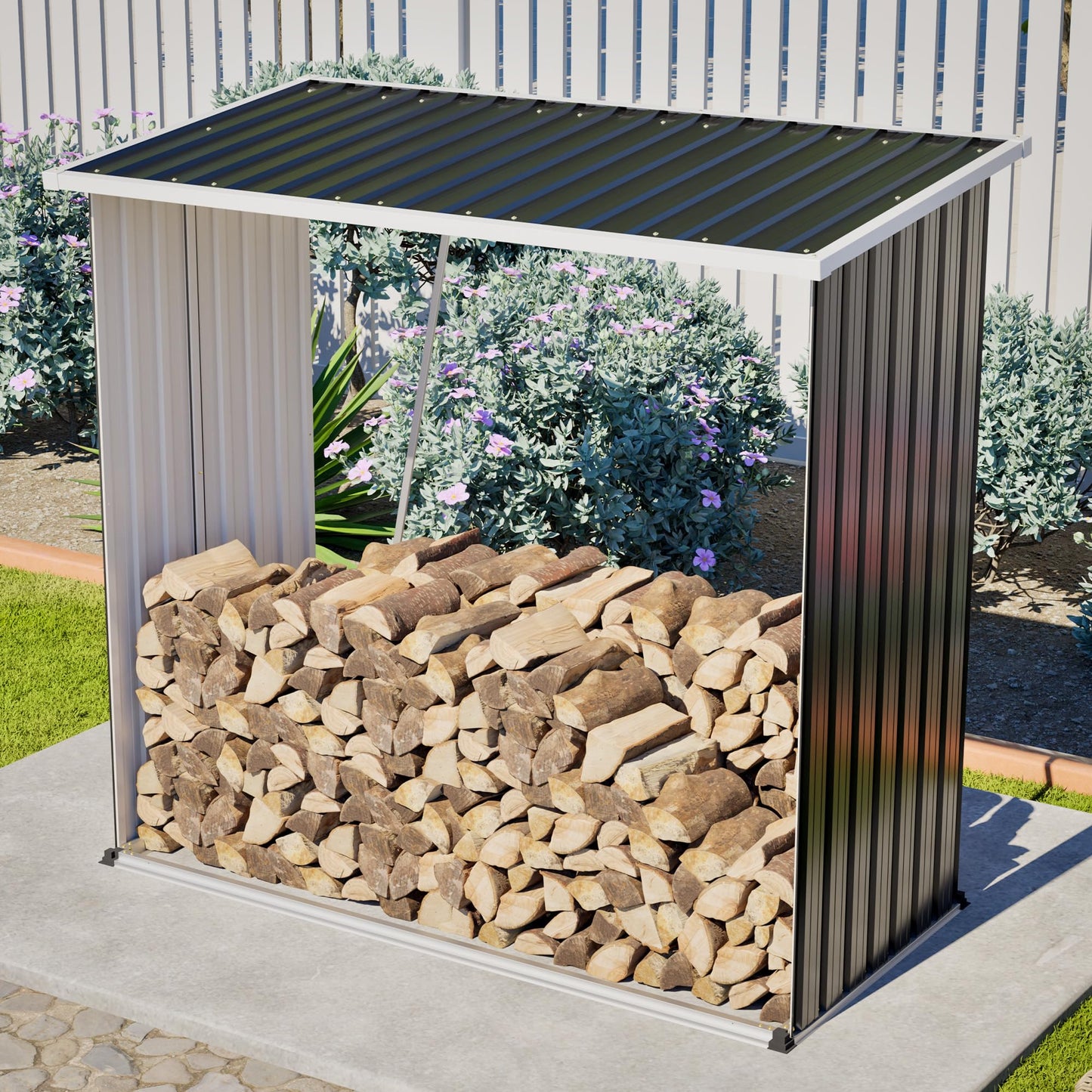 KEIKI Firewood Storage Rack with Sloped Roof, 62 Cu.Ft Weather-Resistant Patio Organizer, Outdoor Metal Storage Shed for Lawn Mower, Garden Tools, Backyard, Camping Gear