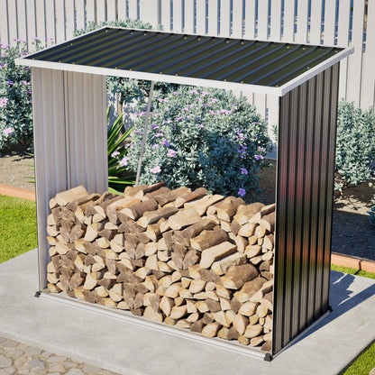 KEIKI Firewood Storage Rack with Sloped Roof, 62 Cu.Ft Weather-Resistant Patio Organizer, Outdoor Metal Storage Shed for Lawn Mower, Garden Tools, Backyard, Camping Gear