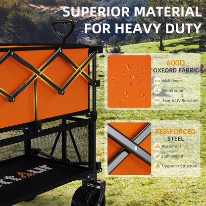 Uyittour Foldable 50''L Extra Long Double Decker Wagon for Sport, 400L Collapsible Heavy Duty Wagon Cart with Big Wheels, Utility All-Terrain Large Extender Cart for Outdoors, Orange