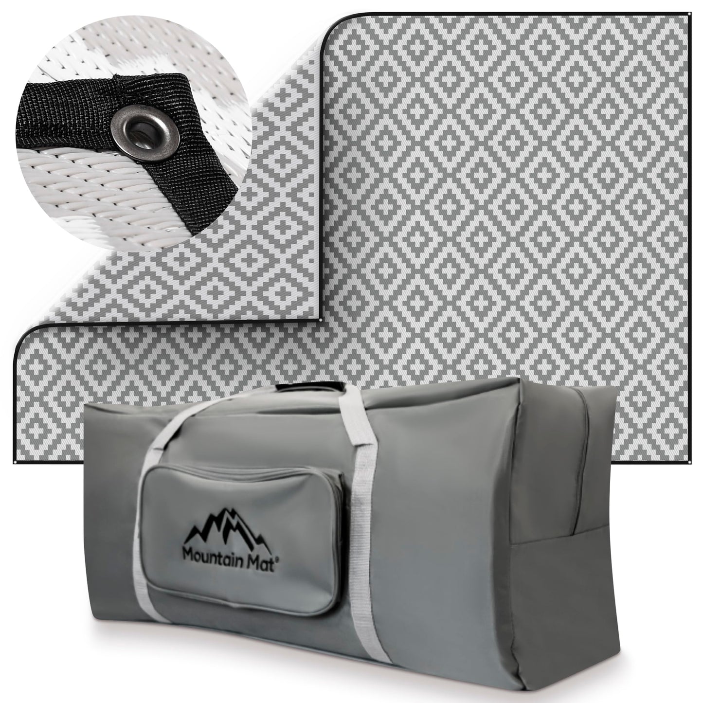 Mountain Mat Premium Outdoor RV Patio mat Sizes 8' x 12', 8' x 16', 8' x 20', Made from 100% Recycled Plastic for Tents, Decks, Campers, and Beach – with Durable Carry Bag (8x12, Grey Diamond)