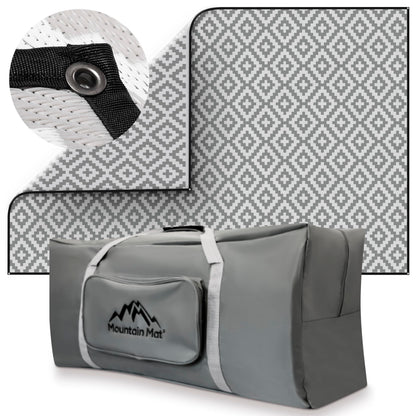 Mountain Mat Premium Outdoor RV Patio mat Sizes 8' x 12', 8' x 16', 8' x 20', Made from 100% Recycled Plastic for Tents, Decks, Campers, and Beach – with Durable Carry Bag (8x12, Grey Diamond)