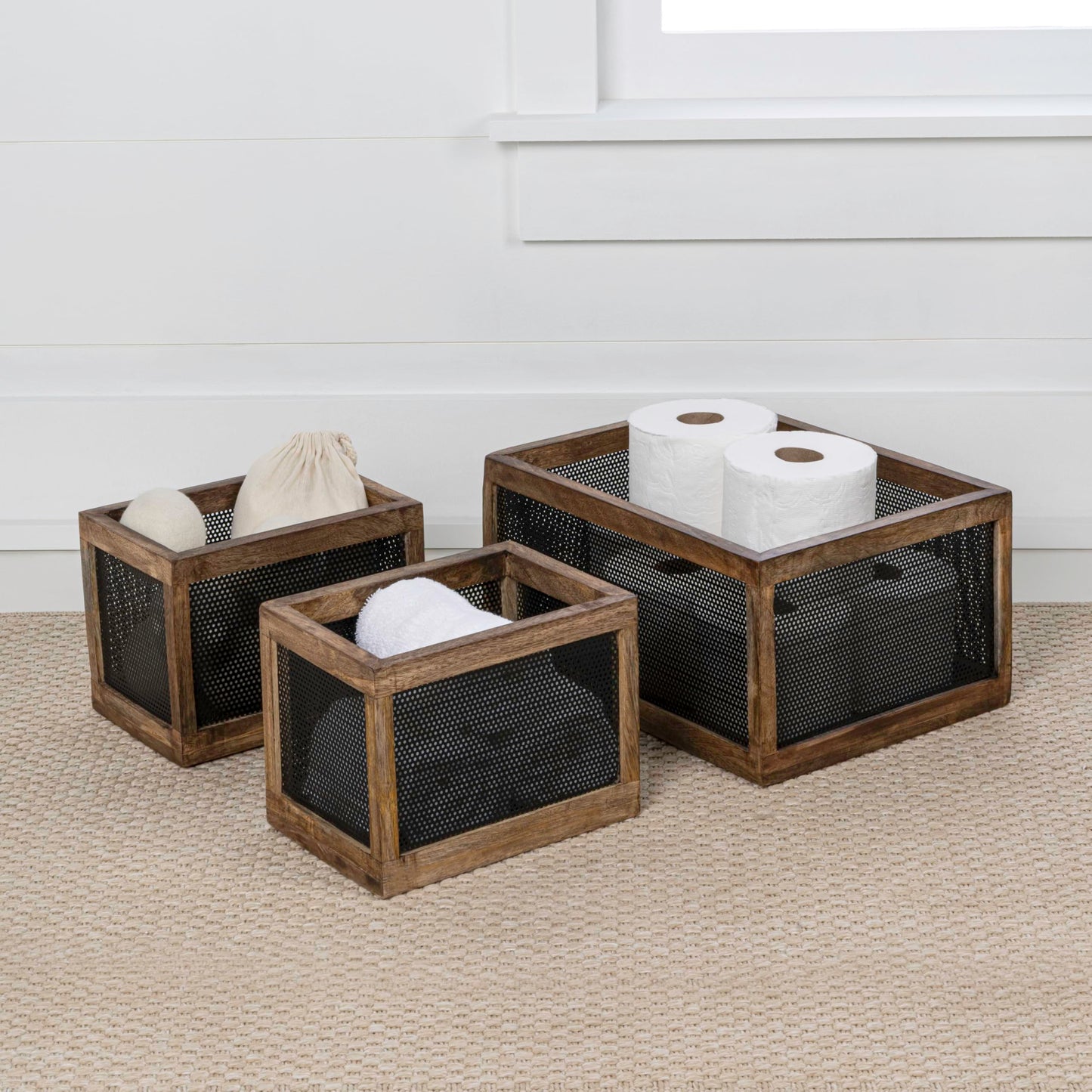 happimess BSK3005B-3SET Fallon Modern Minimalist Wooden Metal Nesting Storage Baskets for Shelves, Cabinets, Pantry, Countertop, Mesh Open Bin Basket for Organizing Supplies, Black/Natural (Set of 3)