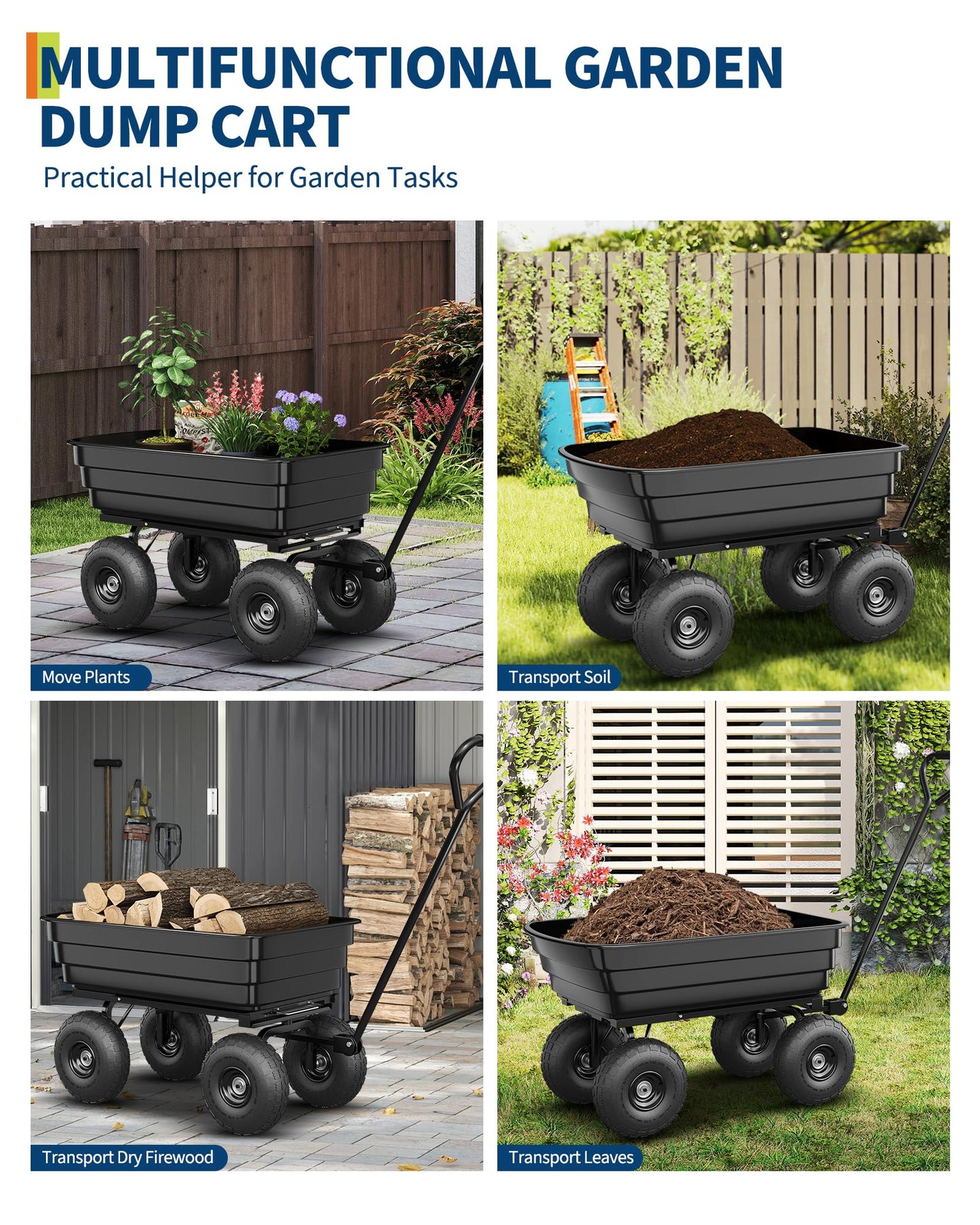 GarveeLife Poly Dump Cart - Heavy Duty 600 LBS Garden Cart with Quick-Release Dumping 10 in Tires, Utility Wagon for Yard Work, Landscaping, Gardening