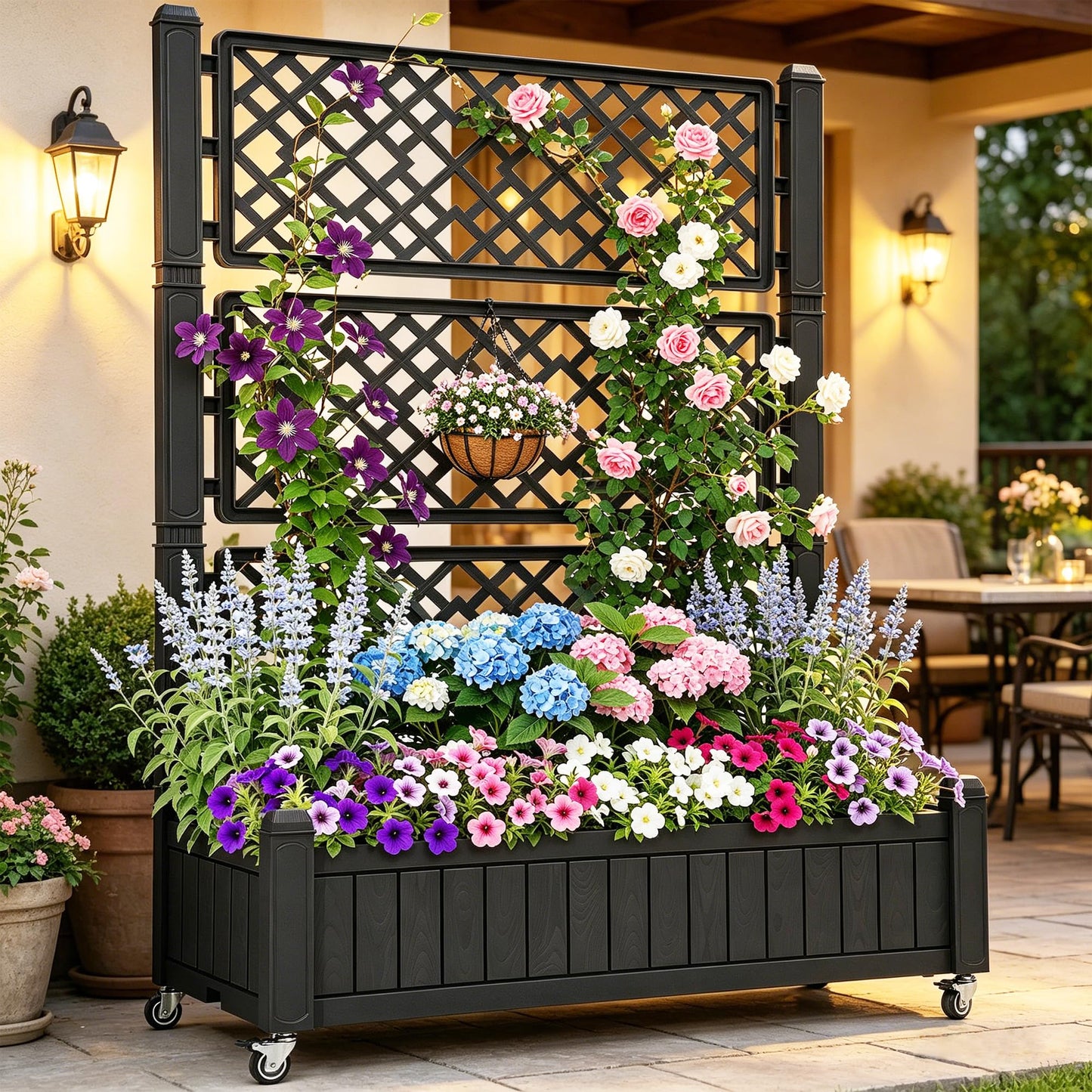 YITAHOME 42.5x14.2x61 in Planter Box with Trellis, All-Weather Raised Garden Bed with Wheels & Drain Plug, Outdoor Privacy Screen for Climbing Plants Flowers Herbs, Black