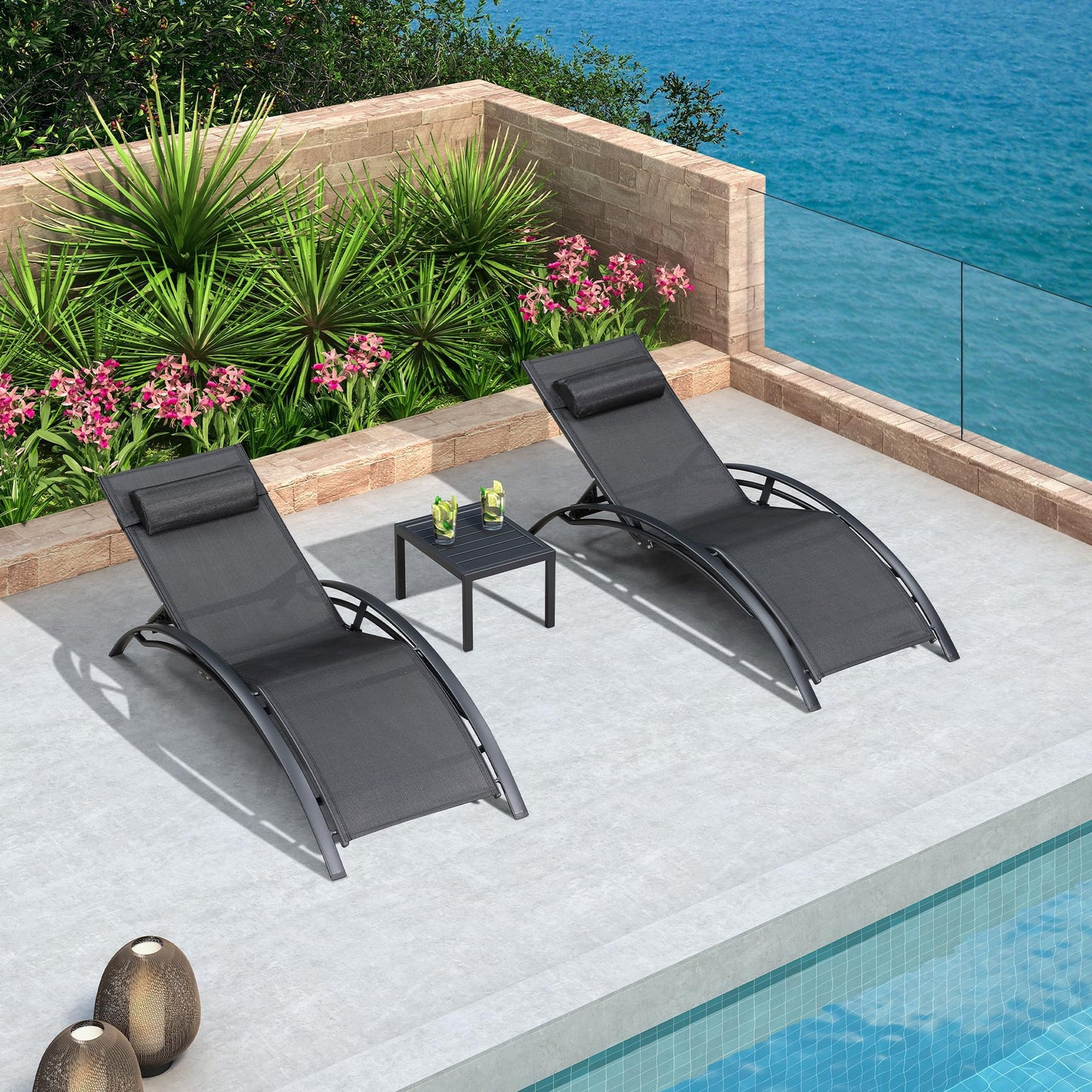 PURPLE LEAF Patio Chaise Lounge Set of 3 Outdoor Lounge Chair Beach Pool Sunbathing Lawn Lounger Recliner Chiar Outside Tanning Chairs with Arm for All Weather, Side Table Included, Black