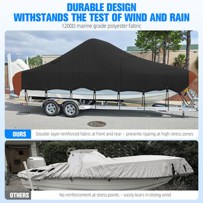 NOOKAT Center Console Boat Cover 20-22ft, 1200D Waterproof Boat Cover with Motor Cover, Trailerable Boat Cover for Center Console Boat, Heavy Duty Marine Grade UV Resistant Polyester Fabric, Black