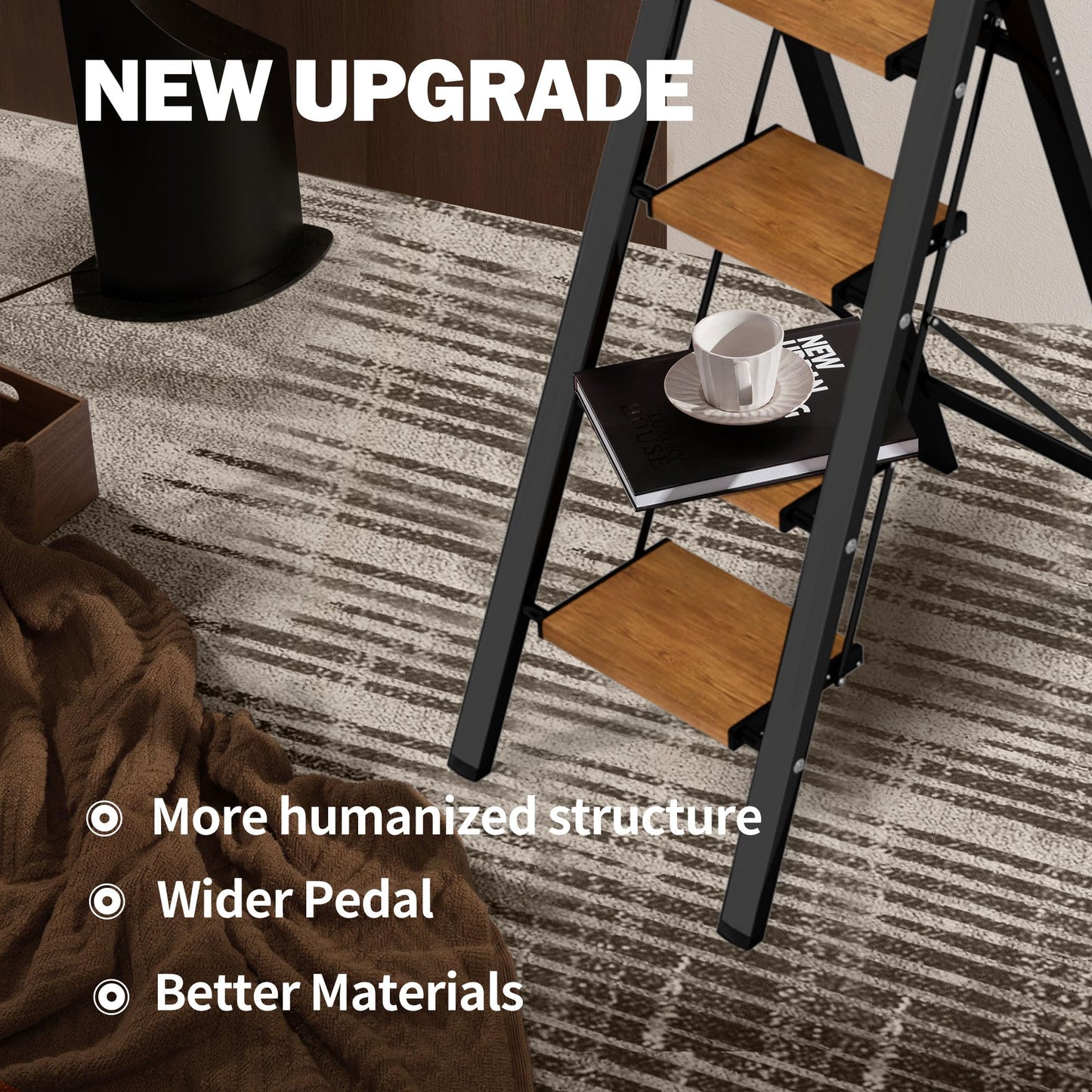 BEFITMACE 4 Step Ladder,Lightweight Folding Step Stool with Aluminum Wide Pedal& Convenient Handgrip,330lbs Capacity Steel Ladder for Household and Office(Black &Woodgrain)