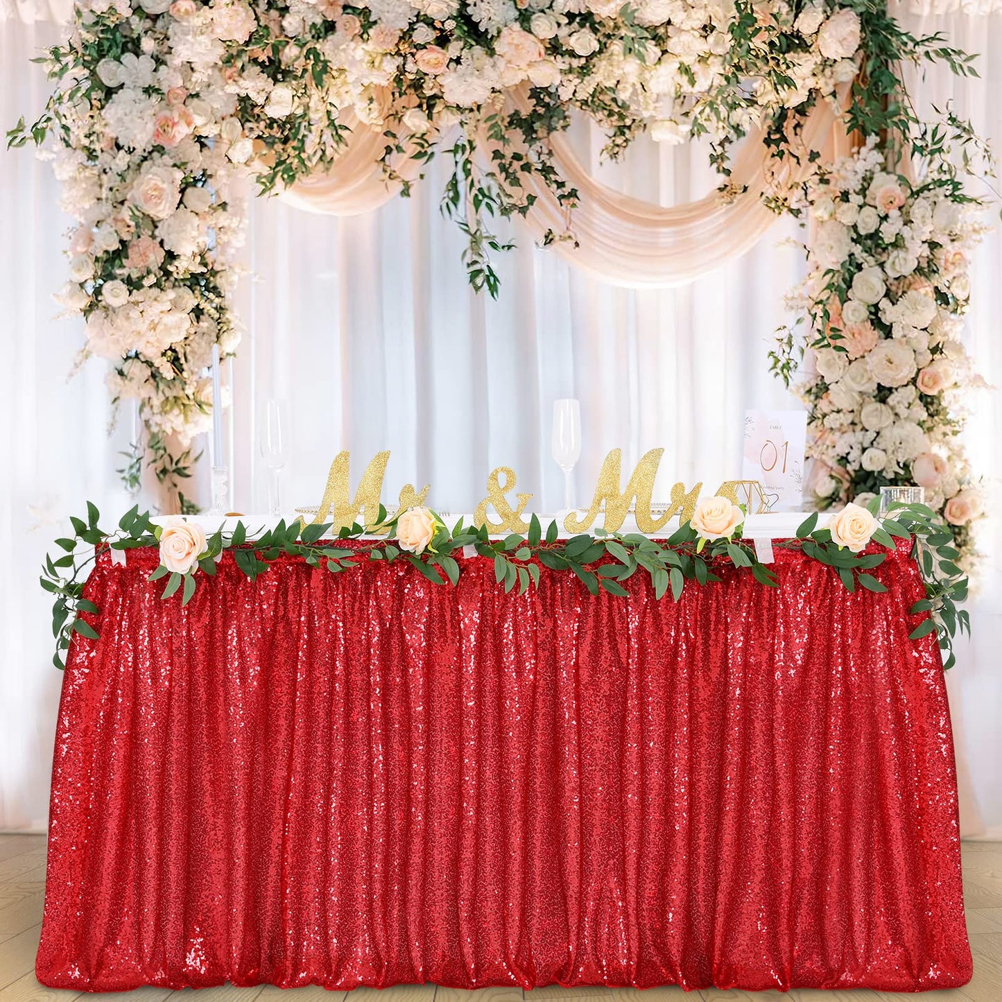 Table Skirt 14ft Red Christmas Table Skirt for Rectangle Square Round Table Sequin Tablecloth for Party Wedding Birthday Decorations