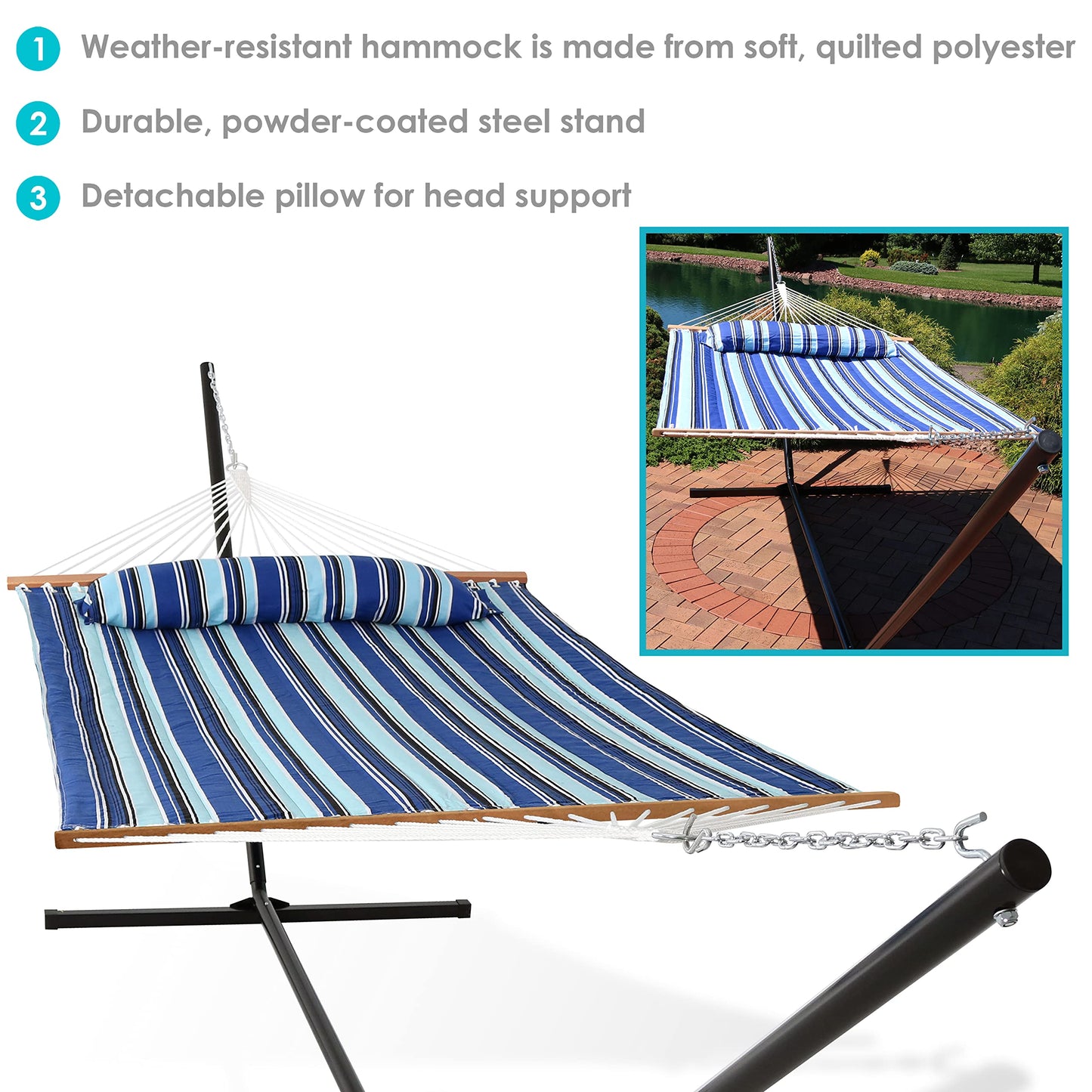 Sunnydaze Quilted Double Hammock with Stand for Outside - 400-Pound Capacity 2-Person Hammock with Stand - 15-Foot Stand - Catalina Beach