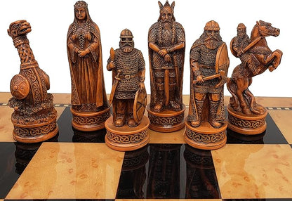 Antique Ivory &amp Brown Norse Viking Chess Set with 17 inch Walnut and Birdseye Maple Color Storage Board