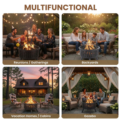 Outdoor Fire Pit - 26-Inch Round Lattice Wood Burning Firepit with Screen, Poker, Grate and Cover - Wood Fire Pits & Outdoor Fireplaces by Pure Garden