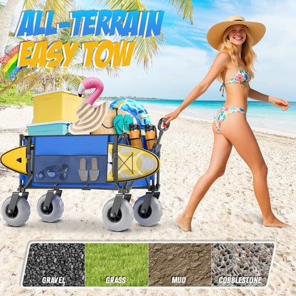 Beach Wagon with Big Wheels for Sand, 350lbs Heavy Duty Folding Wagon, Oversized 180L, 9" PVC All-Terrain Wheels, Adjustable Handle, Cooler & Storage Bags for Beach, Camping & Outdoor Sports (Blue)
