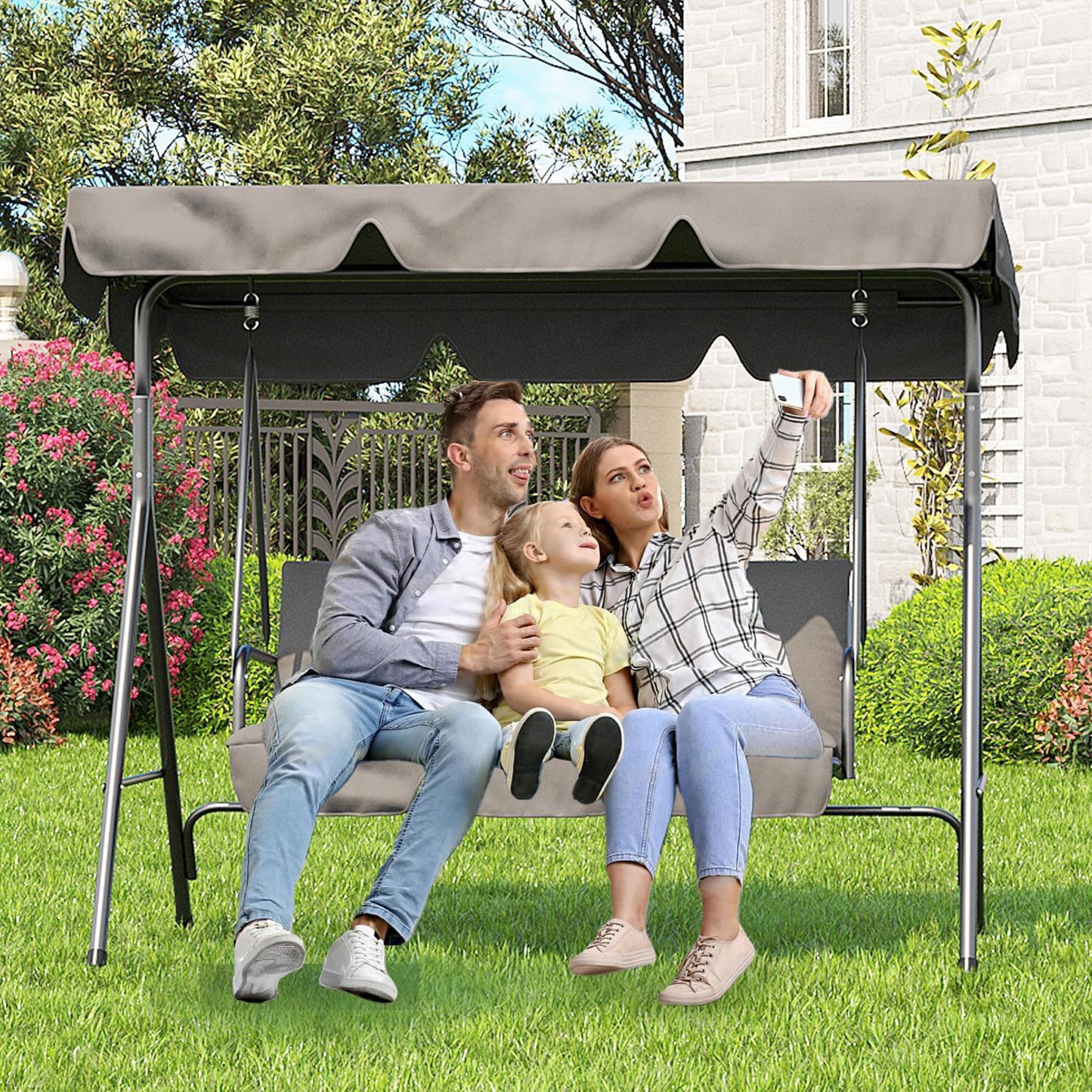 GarveeHome Outdoor Swing Chair with Adjustable Canopy, 3-Person Outdoor Patio Swing Chair with Heavy Duty Stand, Convertible Glider Swing Chairs for Deck, Lawn, Backyard, or Porch, Grey