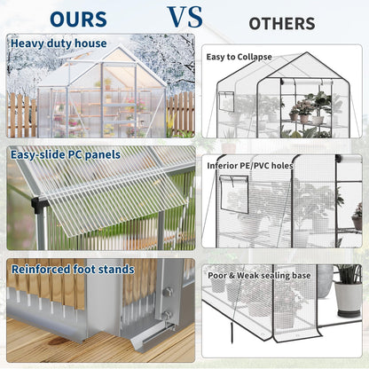 6x4FT Greenhouse for Outdoors, Walk-in Polycarbonate Greenhouse with Sliding Door, Adjustable Roof Vent & Gutter System, Portable Outdoor Green House Kit for Winter Gardening