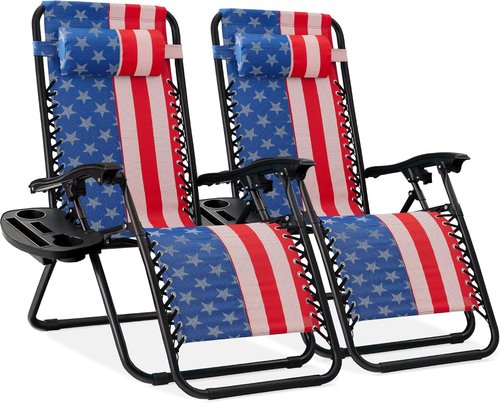 Best Choice Products Adjustable Steel Mesh Zero Gravity Lounge Chairs - Set of 2 with Pillows & Cup Holders | American Flag Design