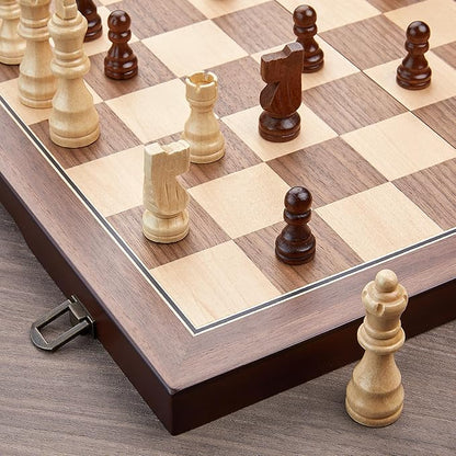 AMEROUS 15'' Magnetic Wooden Chess Set for Adults Kids - with Folding Board Gift Package Pieces Storage Slots Handmade PiecesChess Board Game Set for Tournament Professional Beginner