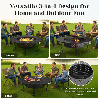 Outdoor Fire Pit, 48" Fire Pit for Outside Wood Burning with Adjustable 2 Grills, Firepit with Lid and Fire Poker, BBQ, Bonfire, Round Outdoor Fireplace 3 in 1 for Patio, Backyard, Garden, Camping