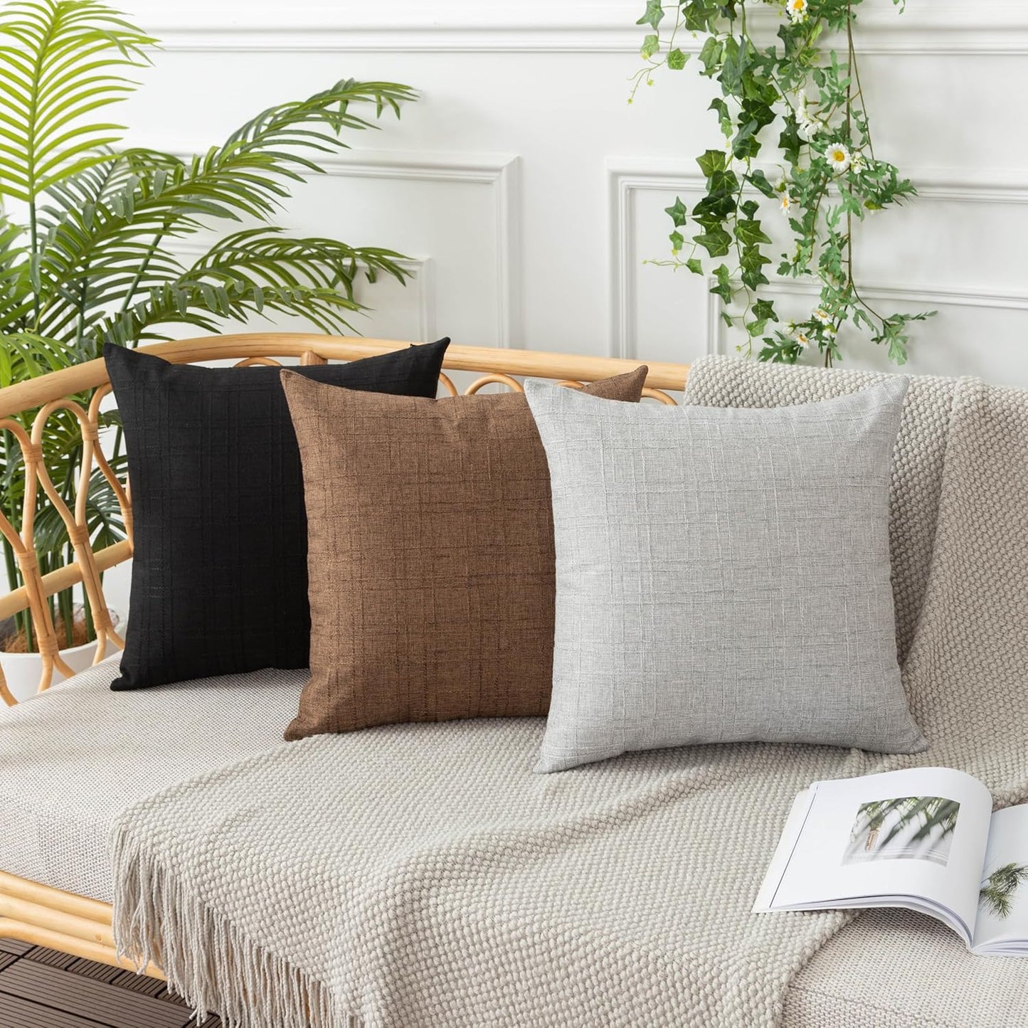 UGASA Outdoor Throw Pillow Covers - Waterproof Plaid Texture | 12x20 Inch Black Farmhouse Decor (Pack of 2)