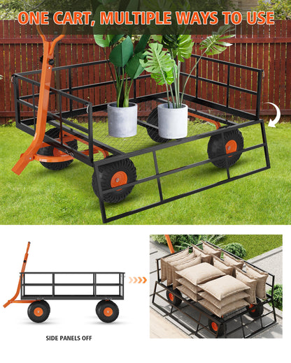 Heavy Duty Steel Garden Cart Wagon, 1200LBS Capacity Utility Trailer with Removable Mesh Sides, Convertible Flatbed for Lawn Mower, Yard Work, Soil, Mulch & Plant Transport
