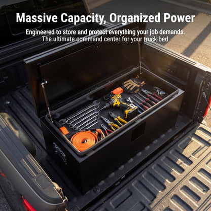 YRCHOFQU 24" x 15" x 15" Heavy Duty Black Steel Truck Bed Tool Box, Trailer Tongue Storage Chest with Weatherproof Seal & Pneumatic Hinge for Pickup, RV, Utility Vehicles