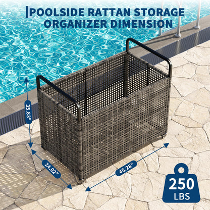 GarveeLife Heavy Duty Poolside Rattan Storage Bin Organizer, Outdoor Rolling Cart with Wheels & 2 Handles, Mesh Ventilated Pool Float Storage Rack for Noodles, Toys, Floats, Balls, Equipment, Brown