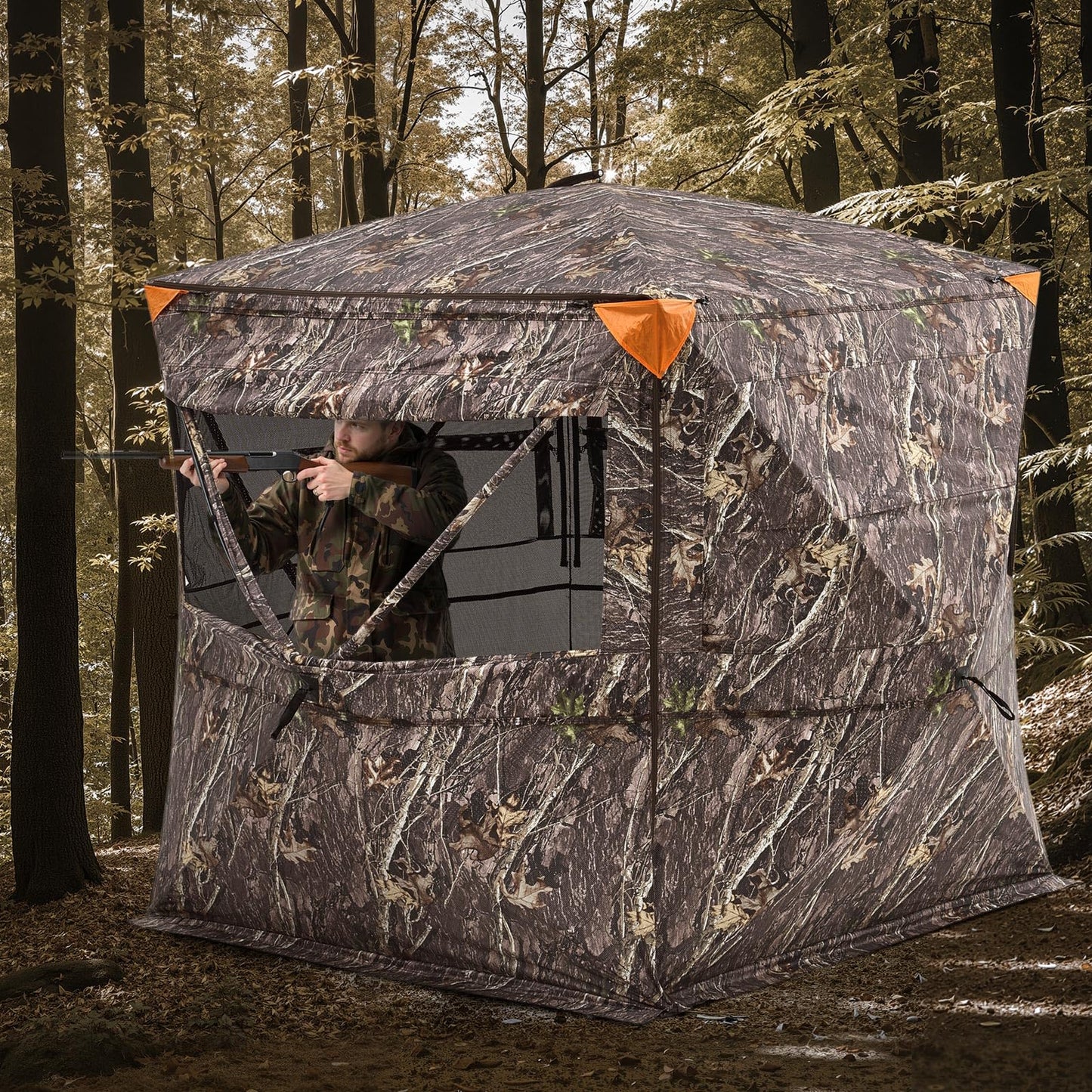 VEVOR Hunting Blind，See Through Ground Blinds with Carrying Bag, 360 Degree Portable Camouflage Tent，Durable Concealed Shelter with Silent Side Door and Window, for Turkey and Deer (4-5 Person)