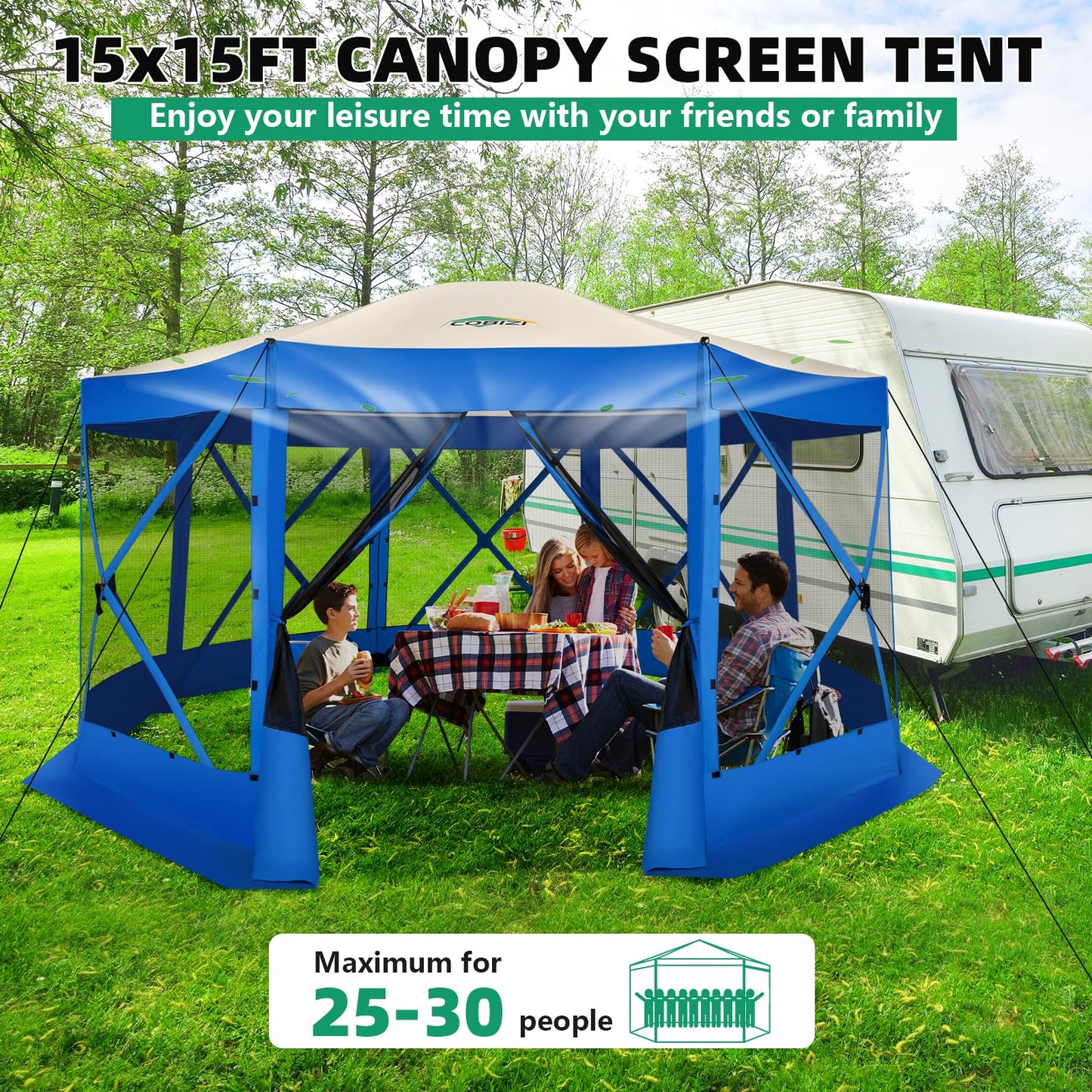 COBIZI Pop Up Gazebo Screen Tent Screen House for Camping, 15x15 Screen Room with Mosquito Netting, Hub Tent Instant Screened Canopy with Carrying Bag and Ground Stakes, Blue