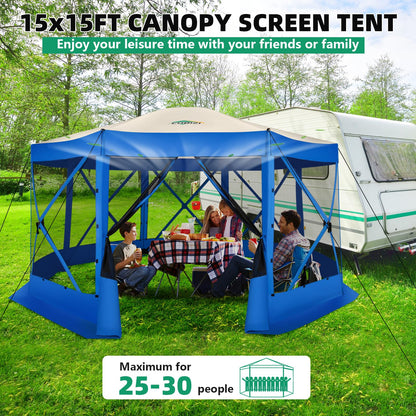 COBIZI Pop Up Gazebo Screen Tent Screen House for Camping, 15x15 Screen Room with Mosquito Netting, Hub Tent Instant Screened Canopy with Carrying Bag and Ground Stakes, Blue