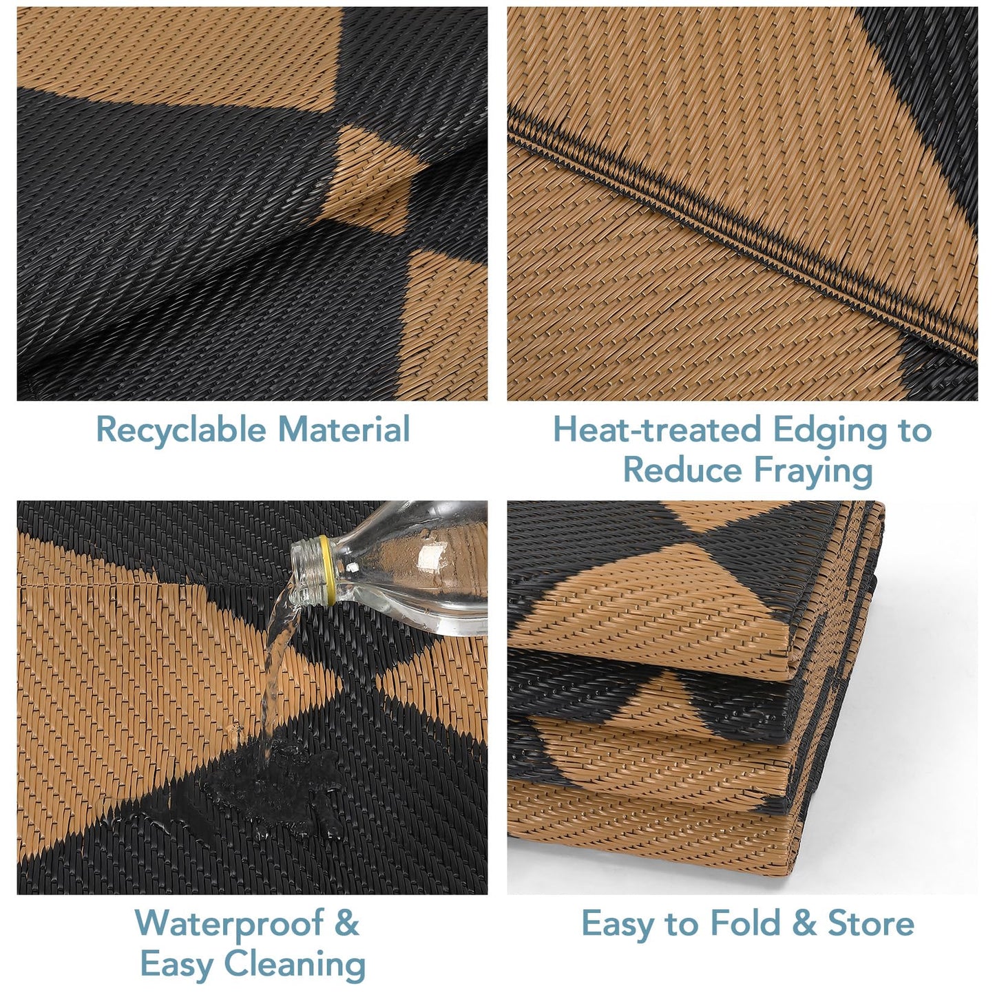GarveeHome Outdoor Rug 9x18 ft Waterproof Mat Reversible Outdoor Plastic Straw Rug Patio Rug Camping Rug Portable Outdoor Mat for RV Porch Balcony Backyard Picnic Beach Black/Brown Diamond