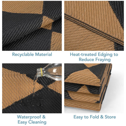 GarveeHome Outdoor Rug 9x18 ft Waterproof Mat Reversible Outdoor Plastic Straw Rug Patio Rug Camping Rug Portable Outdoor Mat for RV Porch Balcony Backyard Picnic Beach Black/Brown Diamond