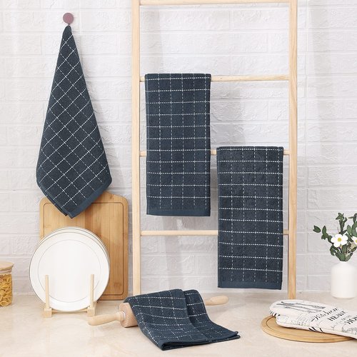 Homaxy 100% Cotton Terry Kitchen Towels(Dark Grey, 13 x 28 inches), Checkered Designed, Soft and Super Absorbent Dish Towels, 24 Pack