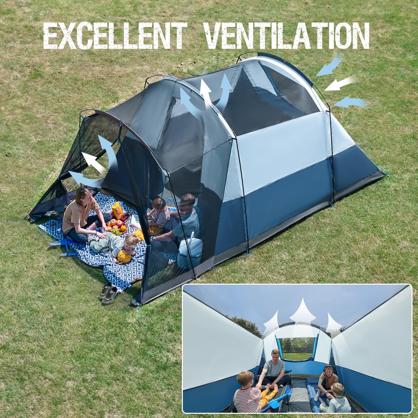 Portal 6 Person Family Camping Tents with Screen Porch, Weater Resistant 7' Tall Tent with Rainfly & Upgrated Poles, Easy Setup Tent for Outdoor Family Camping