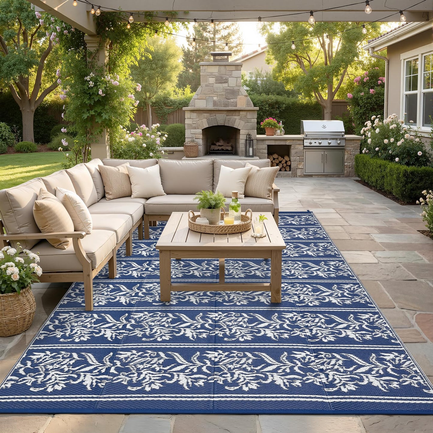 GarveeHome Outdoor Rug 9x18 Waterproof for Patio, Reversible Outdoor Plastic Straw Rug, Wallpaper Flower Indoor Outdoor Mat Carpet for RV, Camping, Deck, Backyard, Picnic, NavyWhite