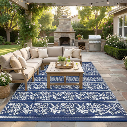 GarveeHome Outdoor Rug 9x18 Waterproof for Patio, Reversible Outdoor Plastic Straw Rug, Wallpaper Flower Indoor Outdoor Mat Carpet for RV, Camping, Deck, Backyard, Picnic, NavyWhite