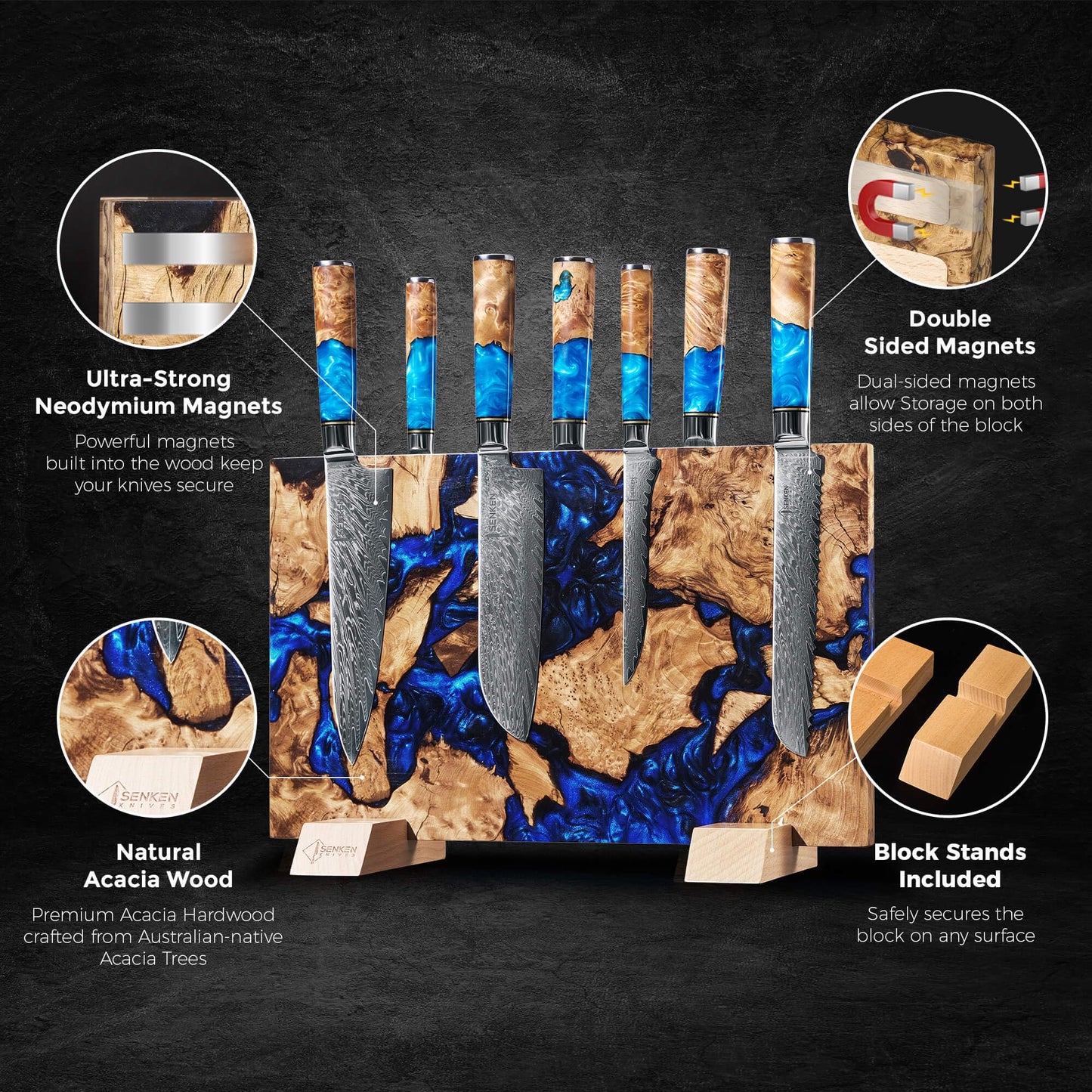 SENKEN "Dark Tsunami" Extra Large Magnetic Knife Block - Holds Up to 16 Knives - Knife Block without Knives, Beautiful Dark Blue Resin Burl Wood Blend Knife Holder ("Dark Tsunami " Blue Resin Blend)