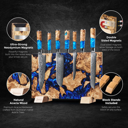 SENKEN "Dark Tsunami" Extra Large Magnetic Knife Block - Holds Up to 16 Knives - Knife Block without Knives, Beautiful Dark Blue Resin Burl Wood Blend Knife Holder ("Dark Tsunami " Blue Resin Blend)