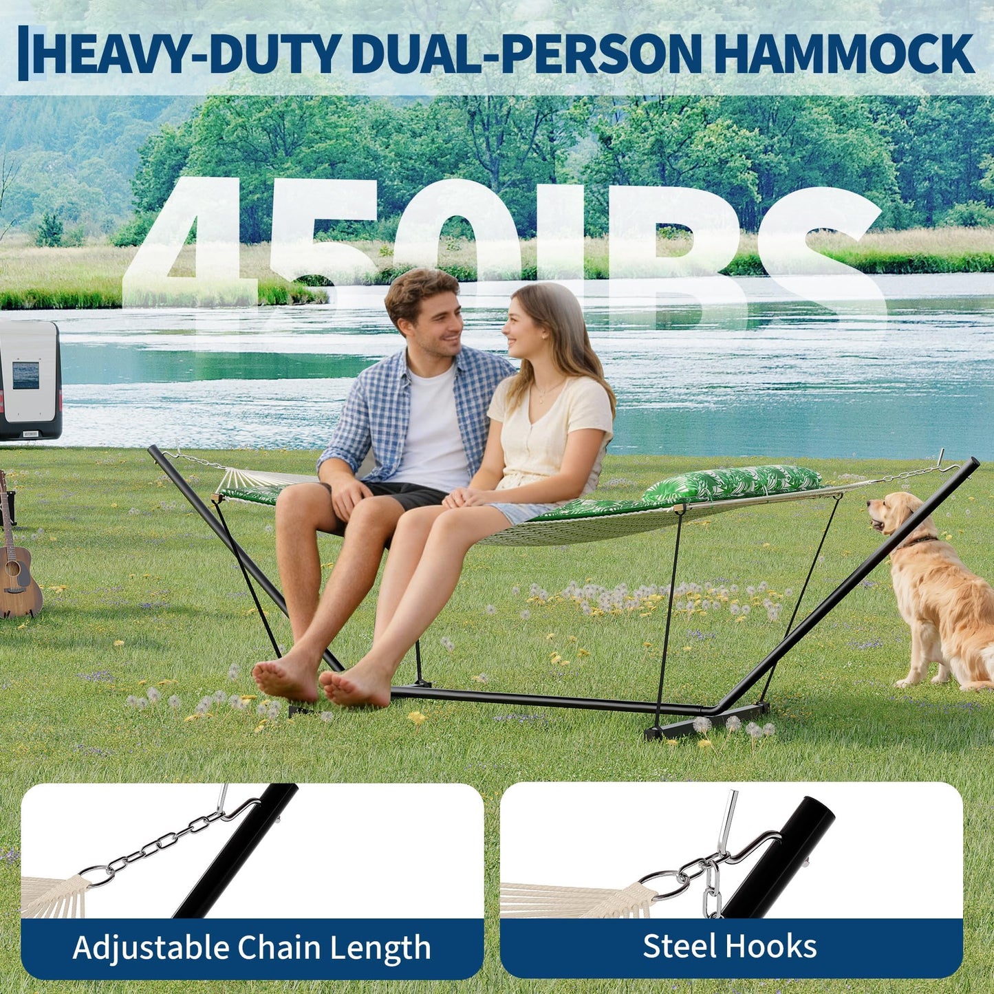 2 Person Outdoor Hammock with Stand, Person Cotton Rope Hammock with Polyester Pad, Portable Hammock with Carrying Bag, for Patio, Garden, Beach, Backyard Camping