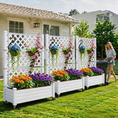 YITAHOME 43.3x17.7x61 in Planter Boxes Outdoor with Trellis, Resin Raised Garden Bed with Wheels & Drain Plug for Climbing Plants, Weather-Resistant Design Elevated Garden Bed with Trellis, White