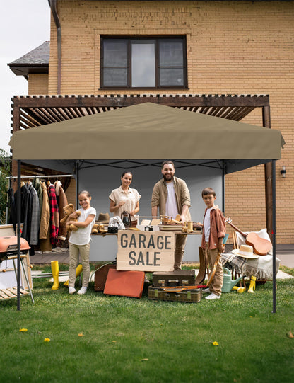 10x10 Pop Up Canopy with 3 Sidewalls - Outdoor Canopy Tent with Portable Roller Bag - One Button Push Setup, 3 Adjustable Height, 4 Weight Bags, 8 Stakes & 4 Guy Ropes Included, Khaki